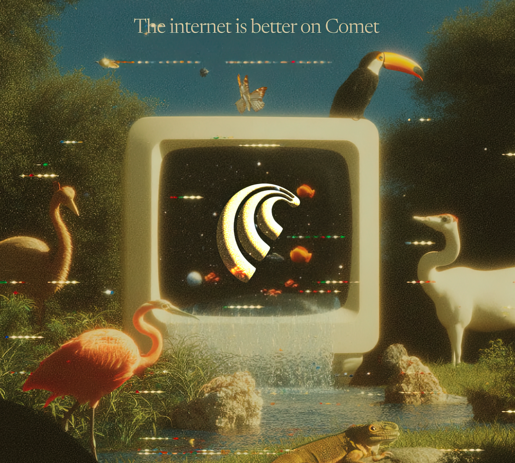 An art print featuriing vintage computer monitor with 'Comet' logo in a natural setting with animals and text about the internet on a comet.